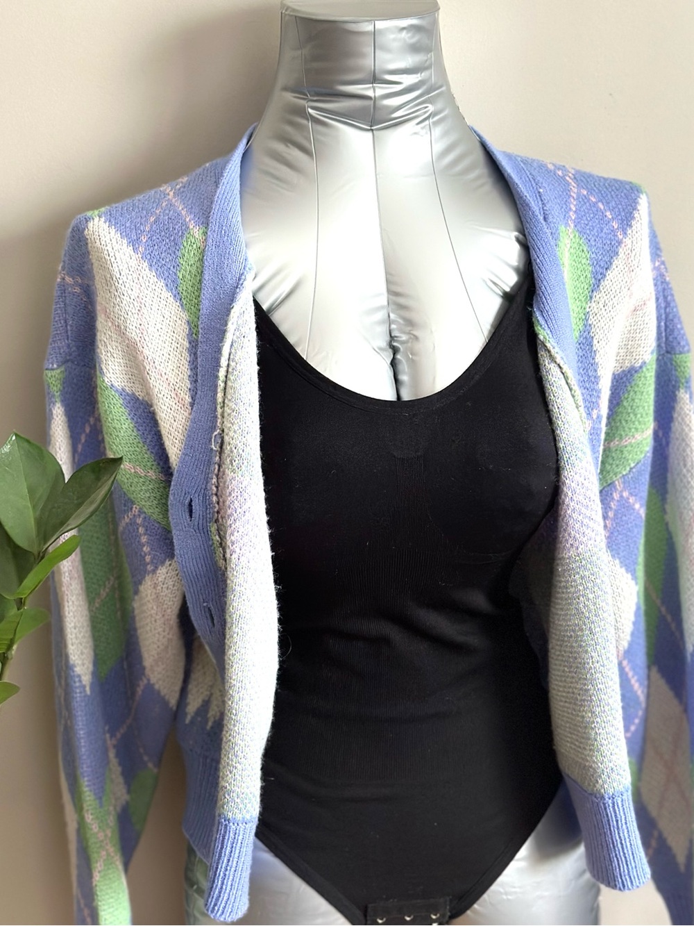 2 for $20 Noisy May Lavender Argyle Button-Front Cardigan with Green and Cream - Picture 2 of 8